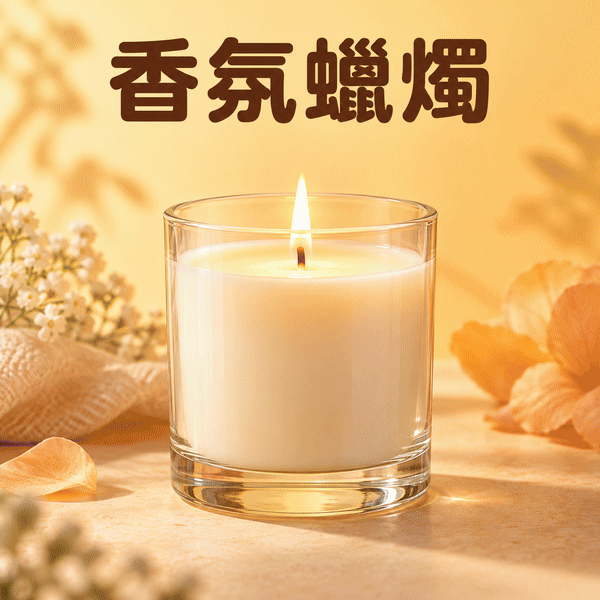香氛蠟燭、帆布包與氣泡飲的疊化商品輪播 GIF